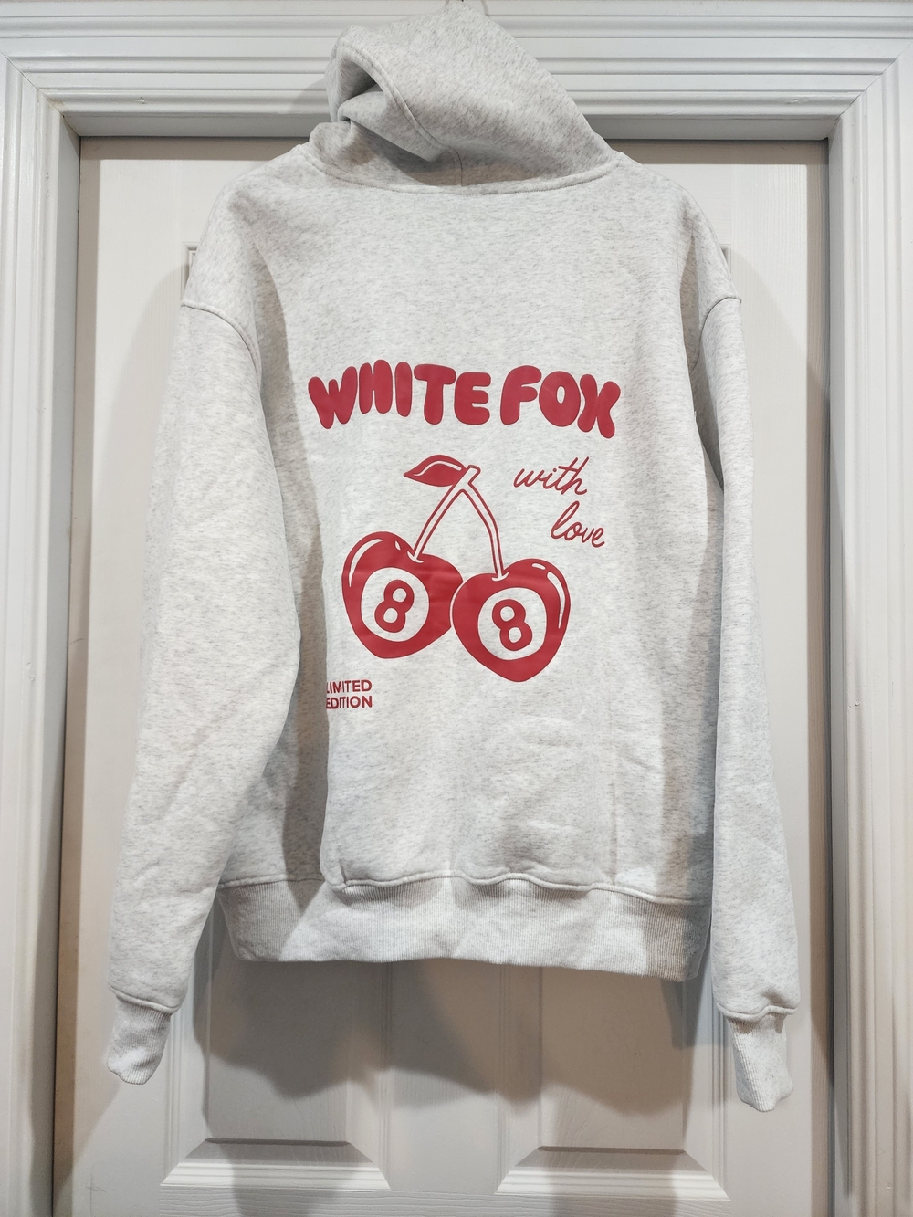 White Fox Boutique Light Gray Hoodie with Red Cherry Graphic